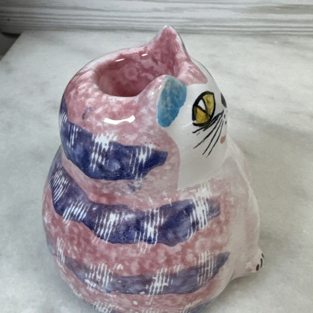 ITALIAN Cat Figurine Candle Holder For Pier 1 Pink Kitty